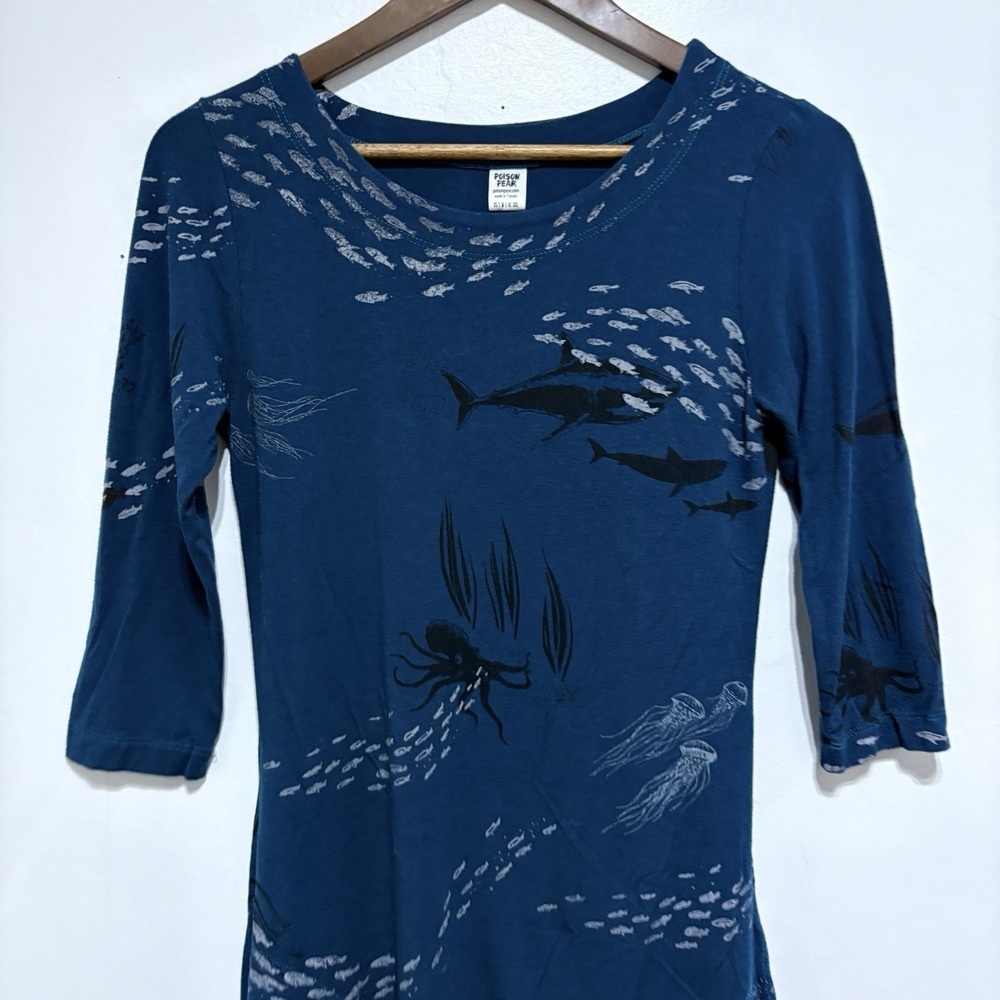 Poison Pear Dress Womens S Blue Ocean Fish Print Bamboo Rayon Cotton Knit - Picture 2 of 10